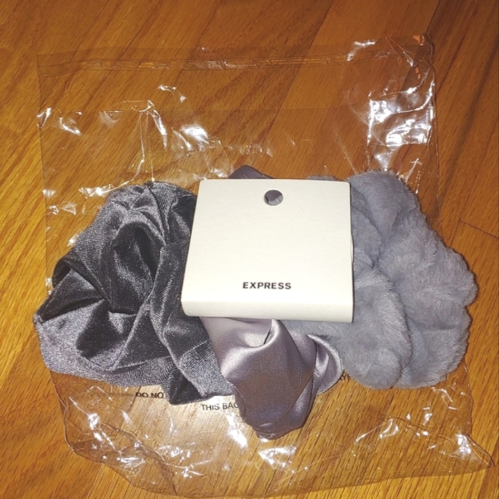 Bundle of 3 Gray Hair Scrunchies Velvet Satin & Fluffy Express Clothing